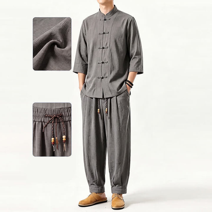 Buddha Stones Spring Summer Tang Style Meditation Frog Button Solid Three-Quarter Sleeve Shirt Pants Men's Meditation Cloth With Pocket - image 4