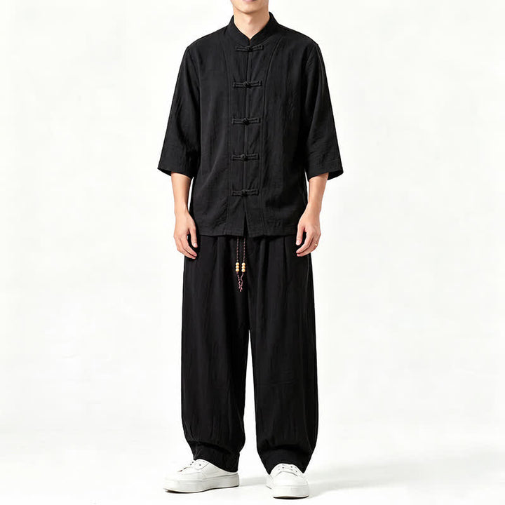 Buddha Stones Spring Summer Tang Style Meditation Frog Button Solid Three-Quarter Sleeve Shirt Pants Men's Meditation Cloth With Pocket - Black - US/UK/AU46，EU56 (5XL) - image 10