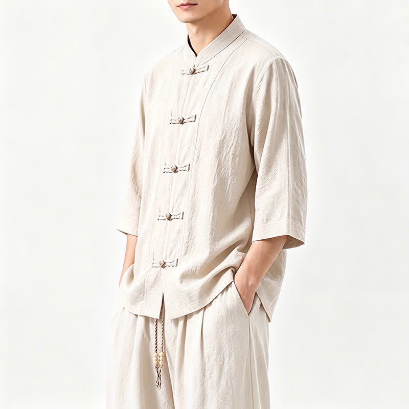 Buddha Stones Spring Summer Tang Style Meditation Frog Button Solid Three-Quarter Sleeve Shirt Pants Men's Meditation Cloth With Pocket - image 23