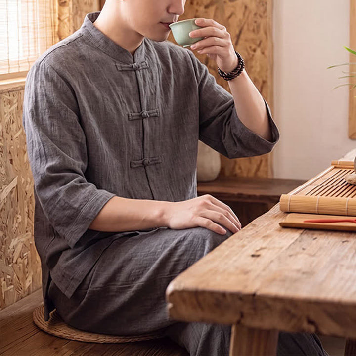 Buddha Stones Spring Summer Tang Style Meditation Frog Button Solid Three-Quarter Sleeve Shirt Pants Men's Meditation Cloth With Pocket - image 7