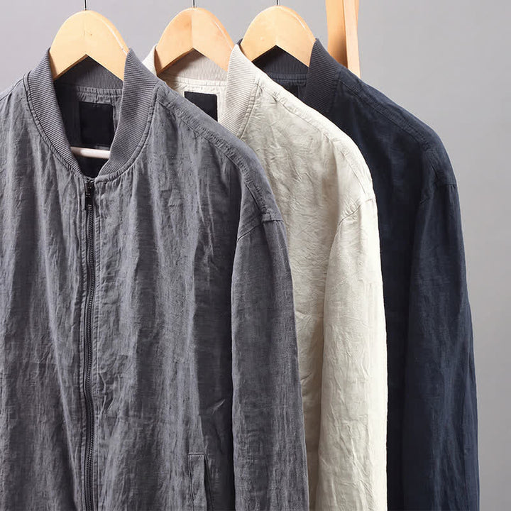 Buddha Stones Spring Casual Minimalist Solid Zipper Design Linen Men's Jacket With Pockets - image 12