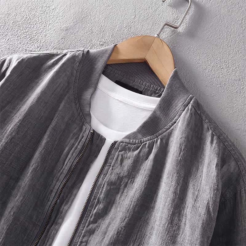 Buddha Stones Spring Casual Minimalist Solid Zipper Design Linen Men's Jacket With Pockets - image 4