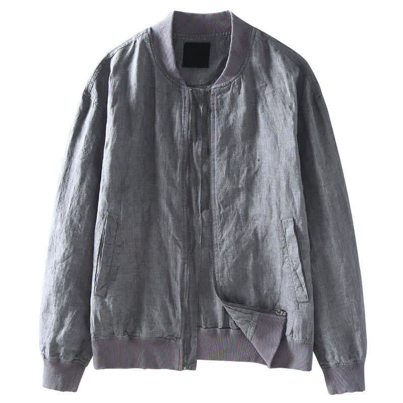 Buddha Stones Spring Casual Minimalist Solid Zipper Design Linen Men's Jacket With Pockets - image 3