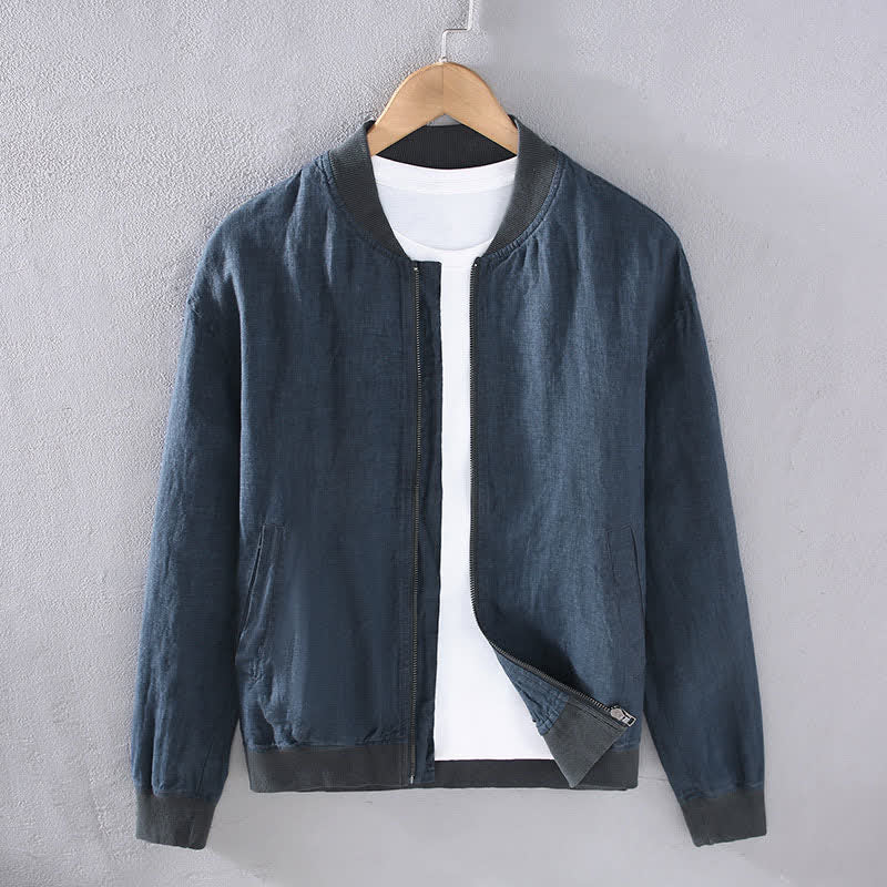 Buddha Stones Spring Casual Minimalist Solid Zipper Design Linen Men's Jacket With Pockets - SteelBlue - US/UK/AU42，EU52 (3XL) - image 9