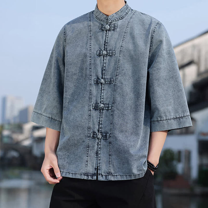 Buddha Stones Spring Vintage Tang Style Frog Button Solid Cotton Cropped Elbow-Length Sleeve Men's Jacket - image 15