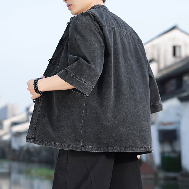 Buddha Stones Spring Vintage Tang Style Frog Button Solid Cotton Cropped Elbow-Length Sleeve Men's Jacket - image 4