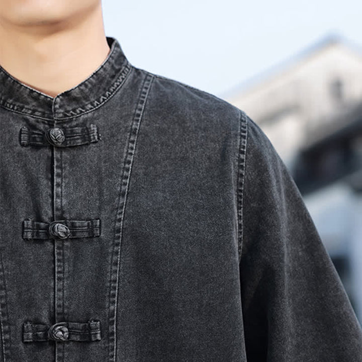 Buddha Stones Spring Vintage Tang Style Frog Button Solid Cotton Cropped Elbow-Length Sleeve Men's Jacket - image 10