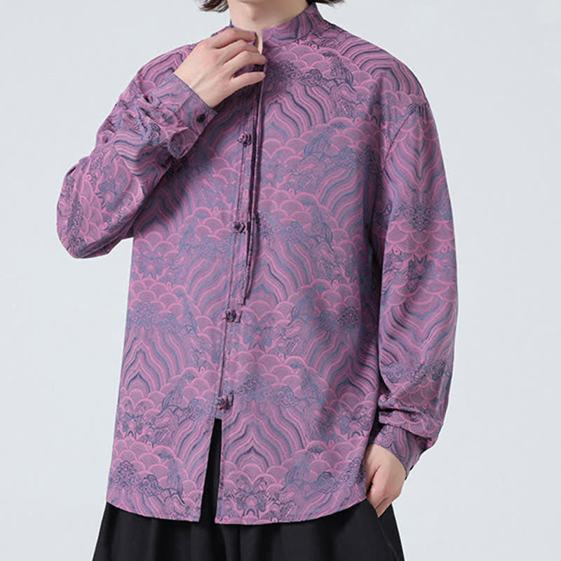 Buddha Stones Fall Vintage Tang Style Mandarin Collar Abstract Waves Men's Long Sleeve Shirts - image 20