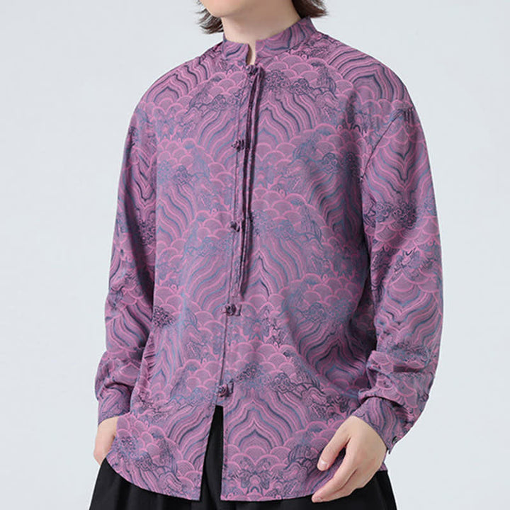Buddha Stones Fall Vintage Tang Style Mandarin Collar Abstract Waves Men's Long Sleeve Shirts - image 23