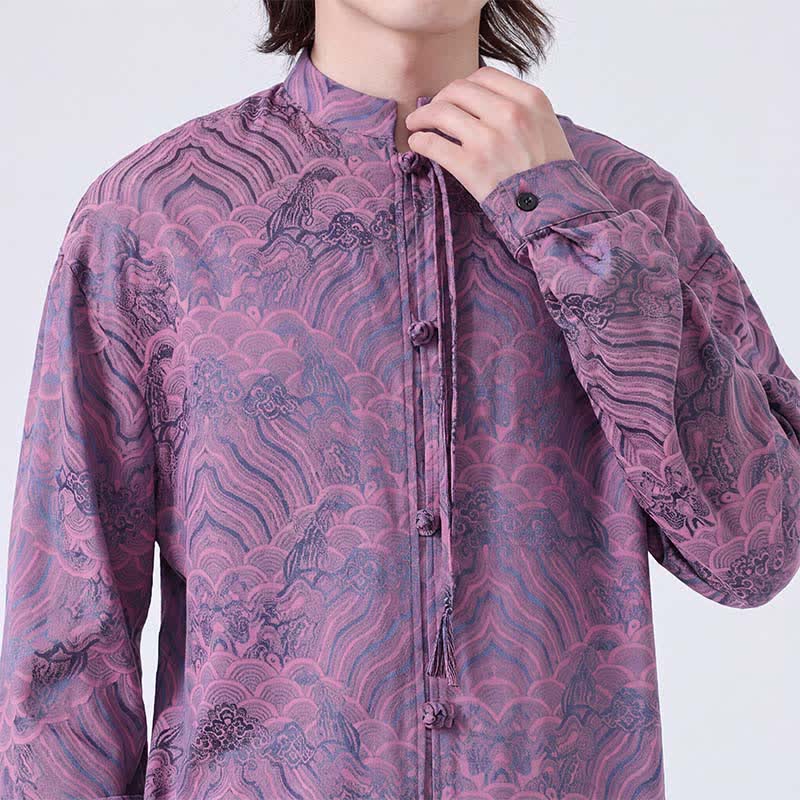 Buddha Stones Fall Vintage Tang Style Mandarin Collar Abstract Waves Men's Long Sleeve Shirts - image 25