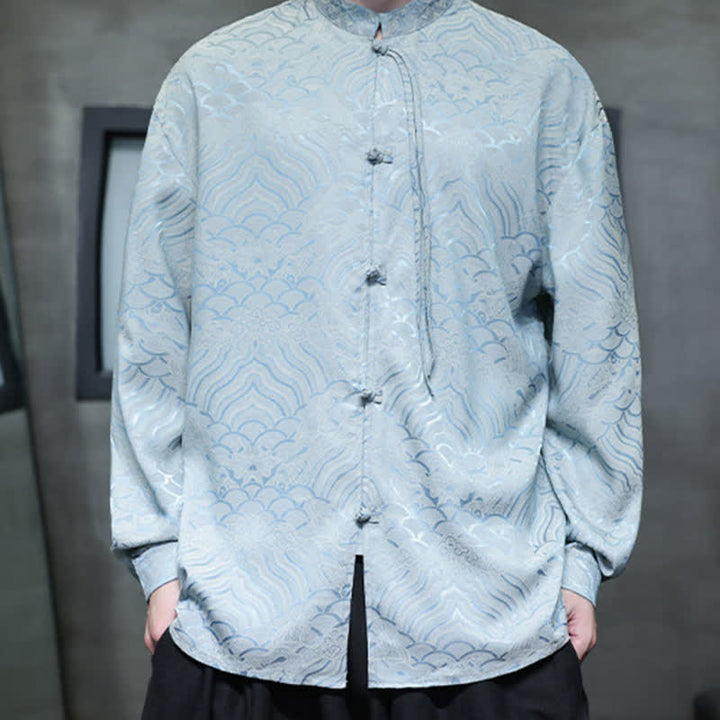 Buddha Stones Fall Vintage Tang Style Mandarin Collar Abstract Waves Men's Long Sleeve Shirts - image 34