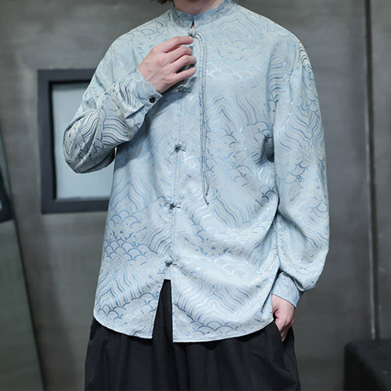 Buddha Stones Fall Vintage Tang Style Mandarin Collar Abstract Waves Men's Long Sleeve Shirts - image 32