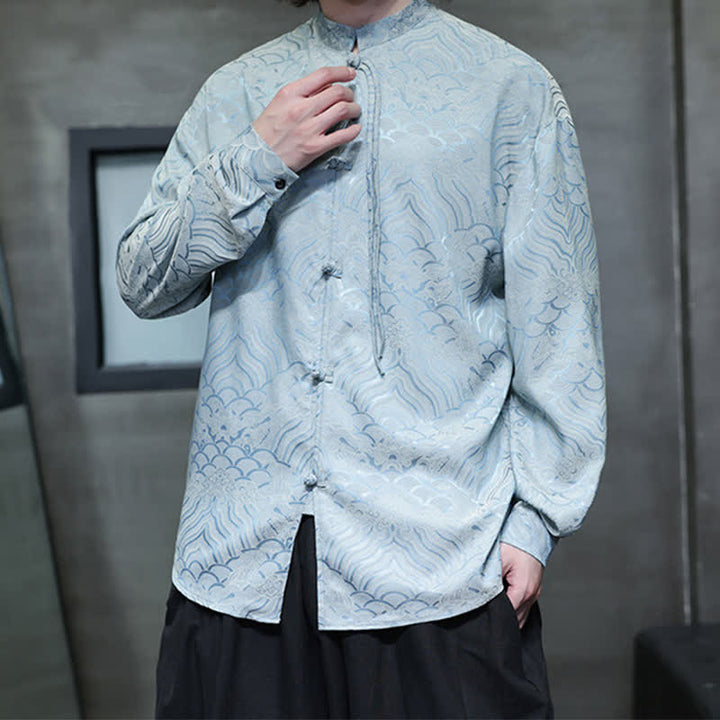 Buddha Stones Fall Vintage Tang Style Mandarin Collar Abstract Waves Men's Long Sleeve Shirts - image 32