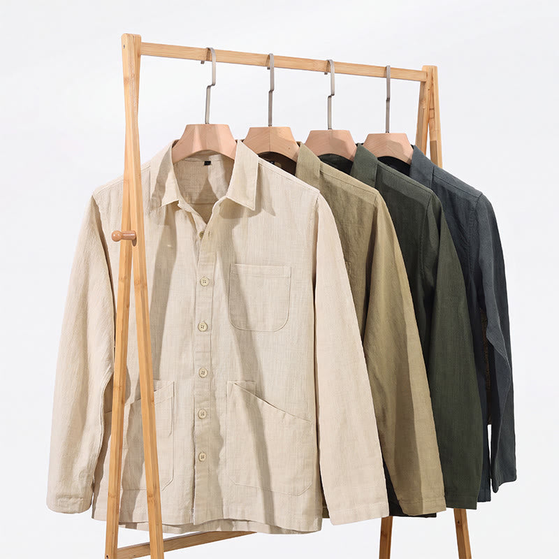 Buddha Stones Fall Casual Minimalist Button-Up Solid Ramie Men's Jacket With Pockets - image 21