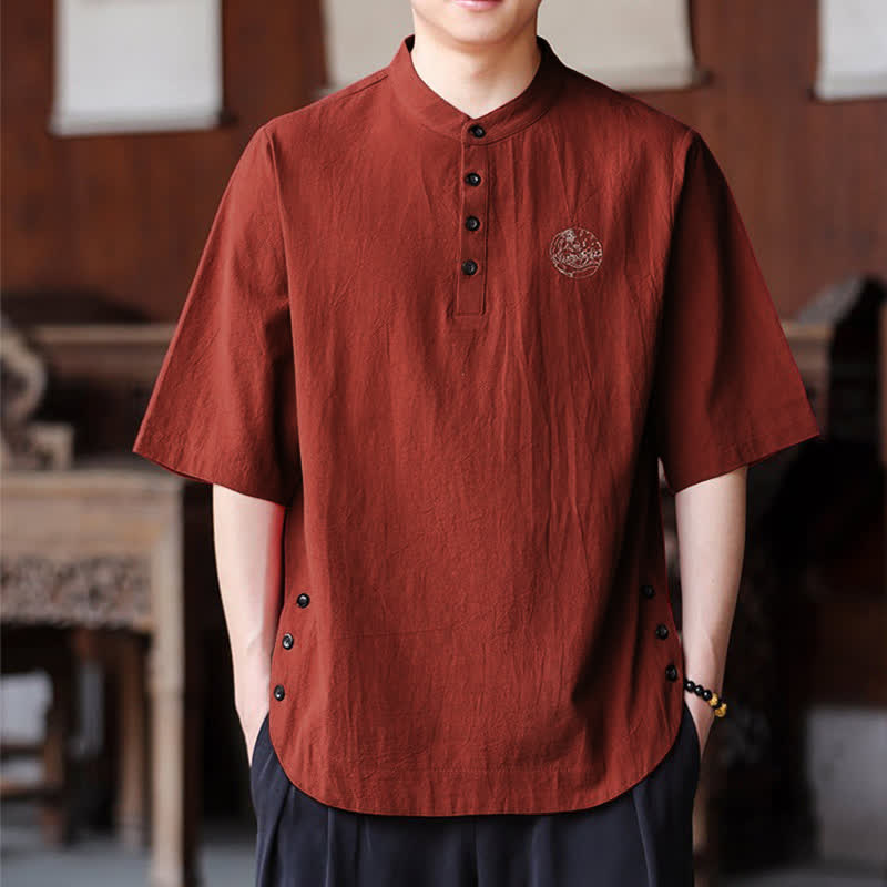 Buddha Stones Summer Casual Tang Style Mandarin Collar Solid Men's Short Sleeve Shirts - image 16