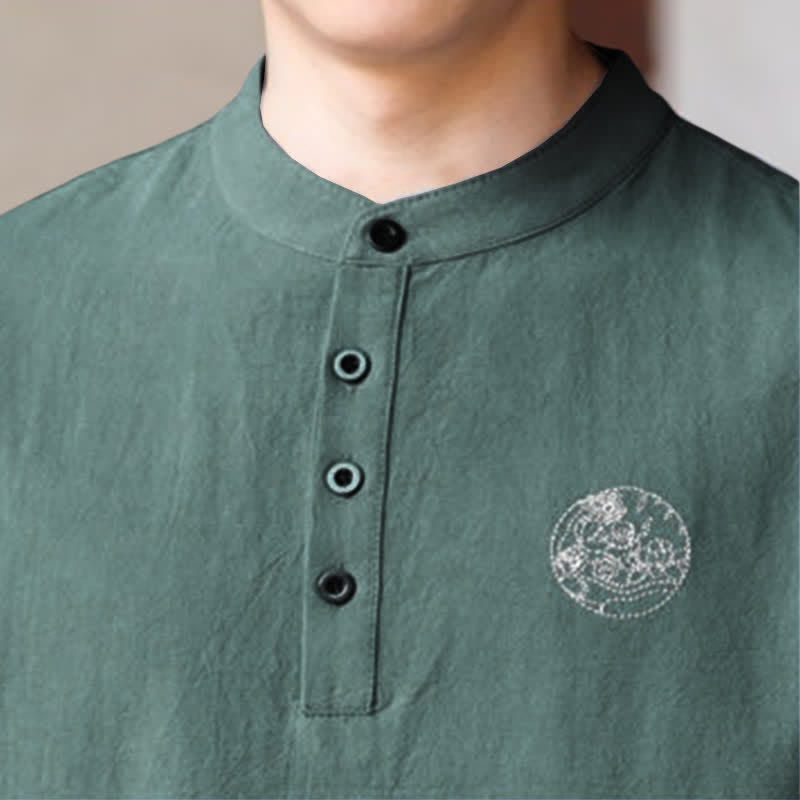 Buddha Stones Summer Casual Tang Style Mandarin Collar Solid Men's Short Sleeve Shirts - image 8