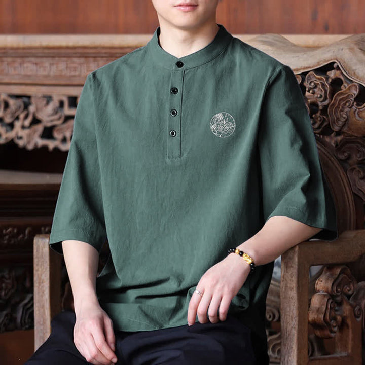 Buddha Stones Summer Casual Tang Style Mandarin Collar Solid Men's Short Sleeve Shirts - image 7