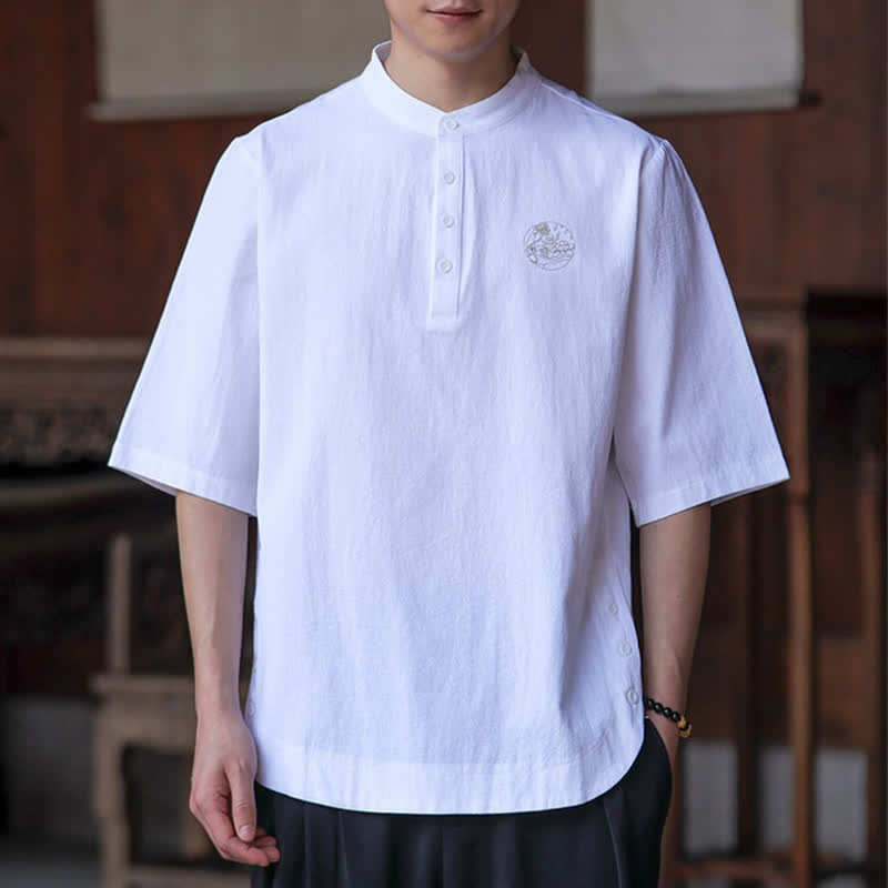 Buddha Stones Summer Casual Tang Style Mandarin Collar Solid Men's Short Sleeve Shirts - White - US/UK/AU46, EU56 (5XL) - image 19