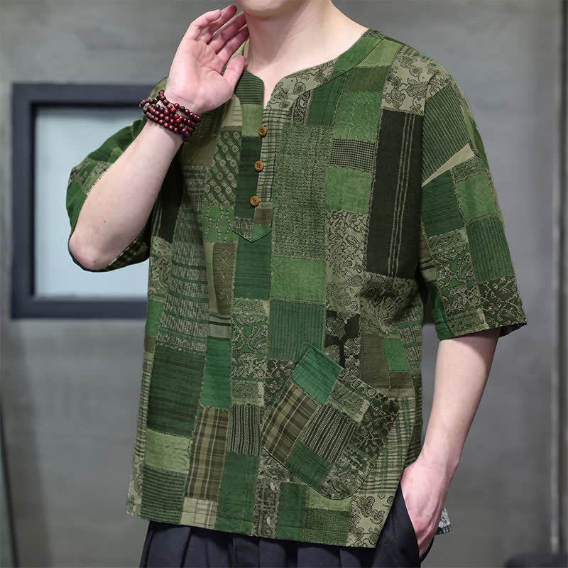 Buddha Stones Summer Casual Boho Patchwork Plaid Design Men's Short Sleeve Shirts With Patch Pocket - image 1