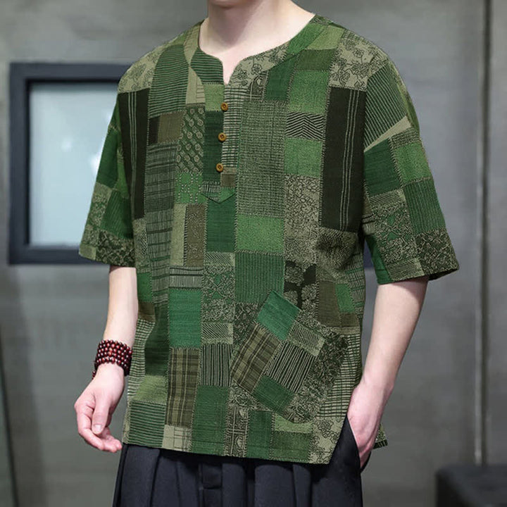 Buddha Stones Summer Casual Boho Patchwork Plaid Design Men's Short Sleeve Shirts With Patch Pocket - ForestGreen - US/UK/AU46, EU56 (5XL) - image 0