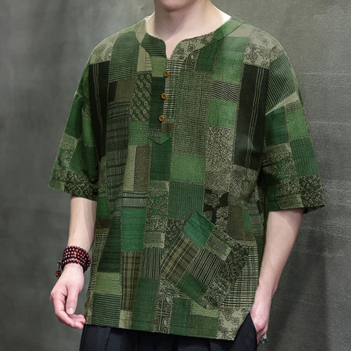 Buddha Stones Summer Casual Boho Patchwork Plaid Design Men's Short Sleeve Shirts With Patch Pocket - image 7