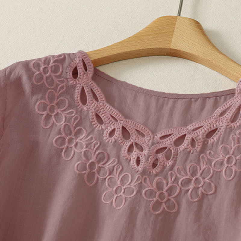 Buddha Stones Spring Summer Casual Vintage Crew Neck Embroidery Solid Women's Three-Quarter Sleeve T-Shirt - image 11