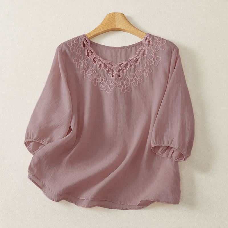 Buddha Stones Spring Summer Casual Vintage Crew Neck Embroidery Solid Women's Three-Quarter Sleeve T-Shirt - Pink - US12, UK/AU16, EU44 (2XL) - image 10