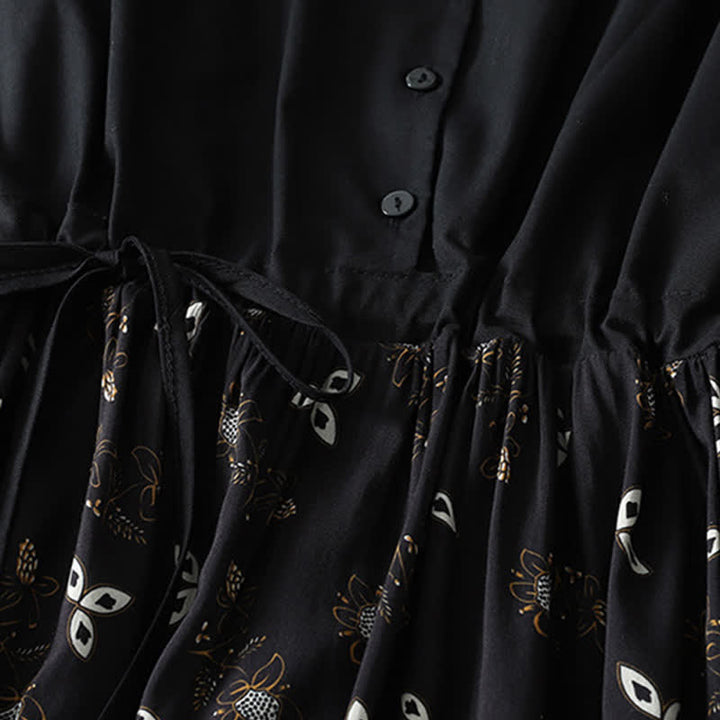 Buddha Stones Spring Summer Casual Vintage Button-Up Drawstring Floral Women's Short Sleeve Dress With Pocket - image 13