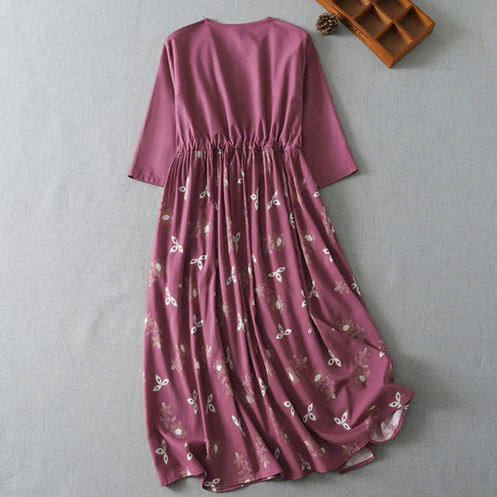 Buddha Stones Spring Summer Casual Vintage Button-Up Drawstring Floral Women's Short Sleeve Dress With Pocket - image 1