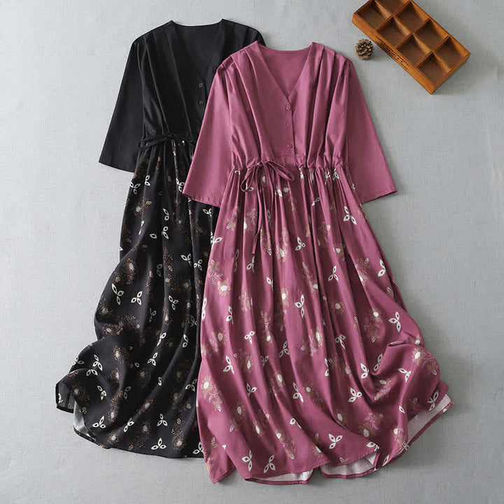 Buddha Stones Spring Summer Casual Vintage Button-Up Drawstring Floral Women's Short Sleeve Dress With Pocket - image 15