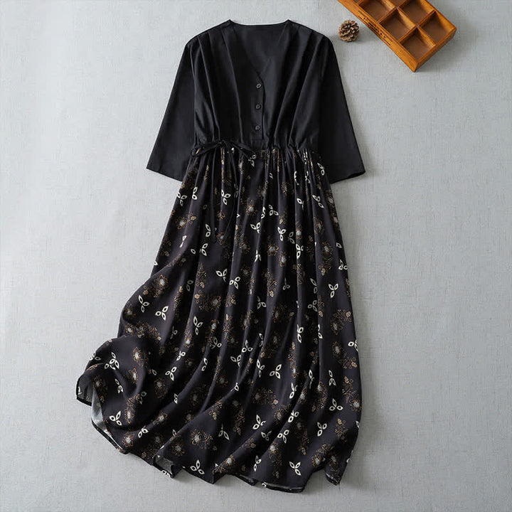 Buddha Stones Spring Summer Casual Vintage Button-Up Drawstring Floral Women's Short Sleeve Dress With Pocket - Black - US12, UK/AU16, EU44 (2XL) - image 11