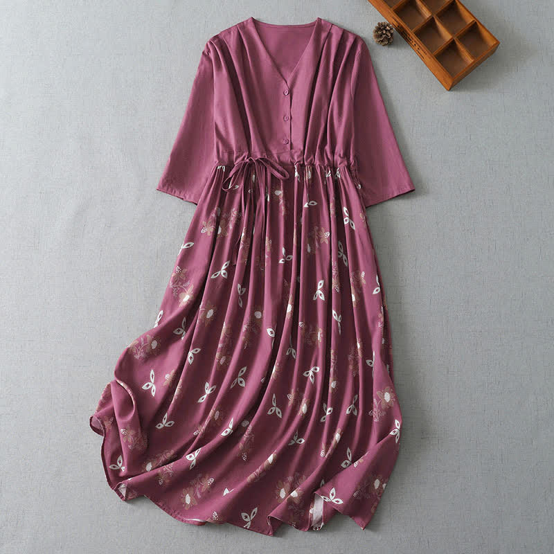Buddha Stones Spring Summer Casual Vintage Button-Up Drawstring Floral Women's Short Sleeve Dress With Pocket - PaleVioletRed - US12, UK/AU16, EU44 (2XL) - image 0