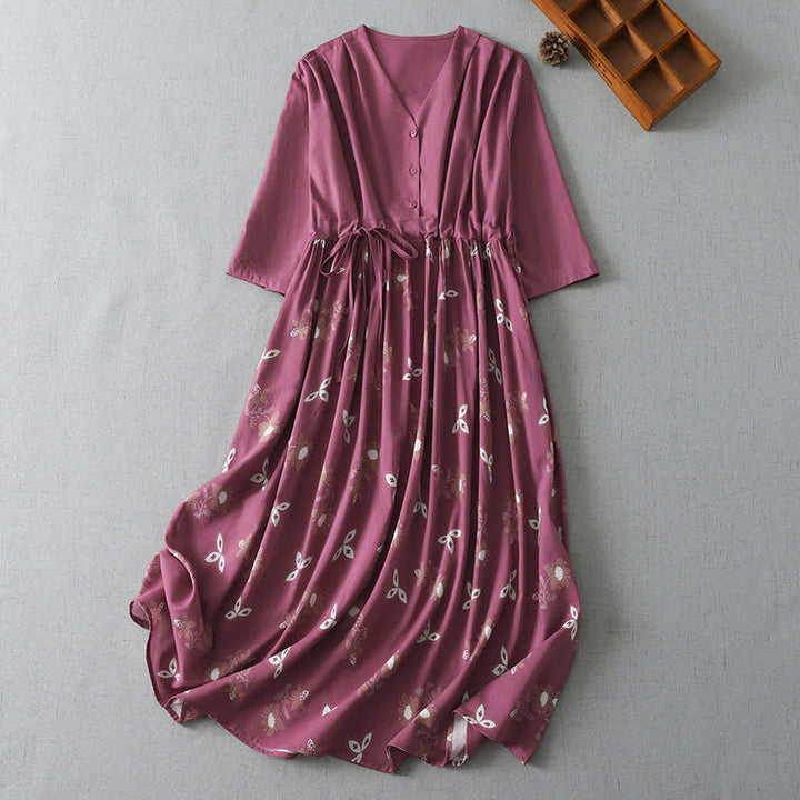 Buddha Stones Spring Summer Casual Vintage Button-Up Drawstring Floral Women's Short Sleeve Dress With Pocket - PaleVioletRed - US12, UK/AU16, EU44 (2XL) - image 0
