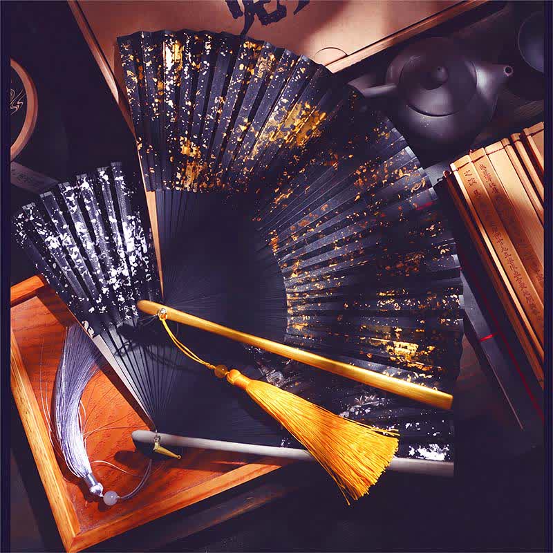 Buddha Stones Gold Speckle Pattern Bamboo Folding Fan - image 9