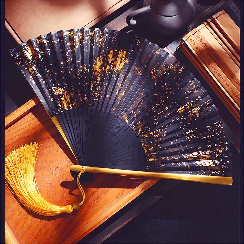 Buddha Stones Gold Speckle Pattern Bamboo Folding Fan - Gold - image 0