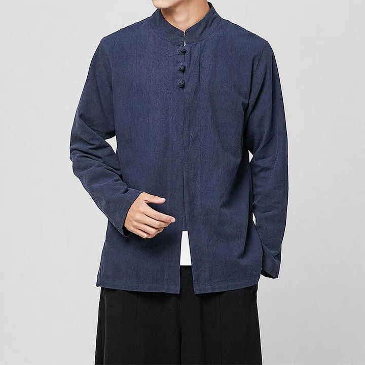 Buddha Stones Spring Fall Tang Style Minimalist Mandarin Collar Frog Button Solid Men's Long Sleeve Shirts - Navy - US/UK/AU46，EU56 (5XL) - image 5