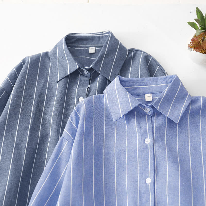 Buddha Stones Spring Casual Minimalist Button-Up Striped Women's Long Sleeve Dresses - image 17