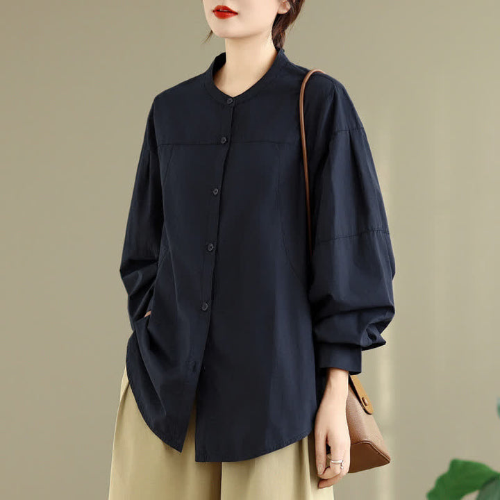 Buddha Stones Spring Fall Minimalist Tang Style Mandarin Collar Solid Women's Long Sleeve Shirts - image 9