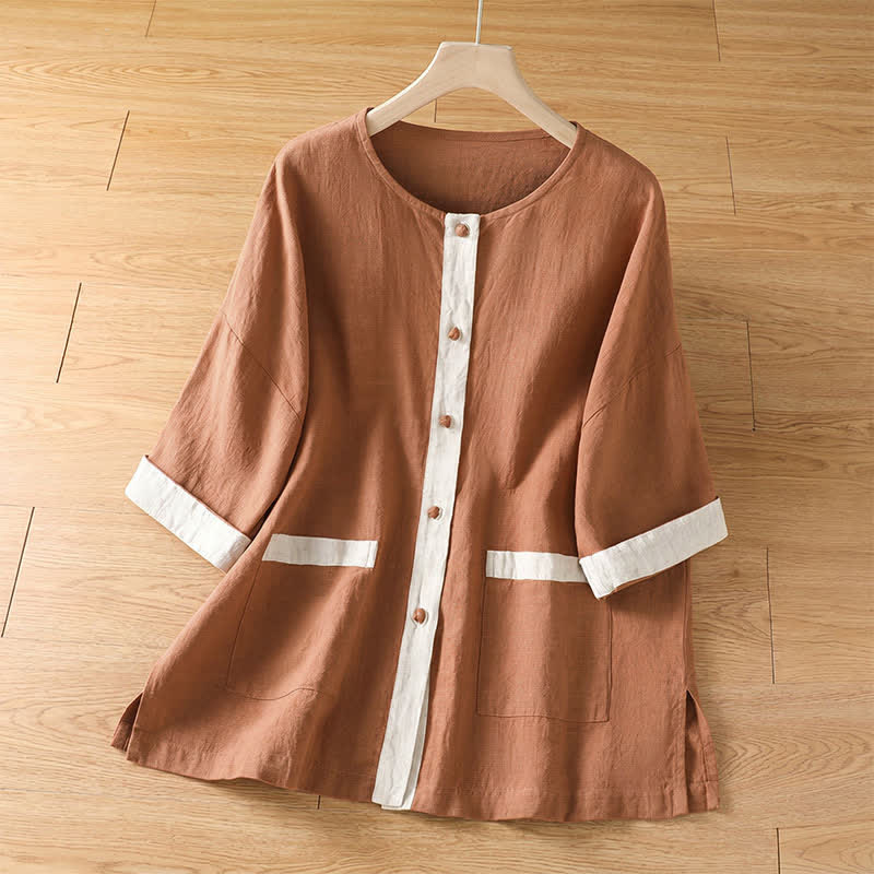Buddha Stones Summer Casual Patch Pocket Button-Up Solid Women's Short Sleeve Shirts With Pocket - Peru - US8-10, UK/AU12-14, EU40-42 (2XL) - image 9