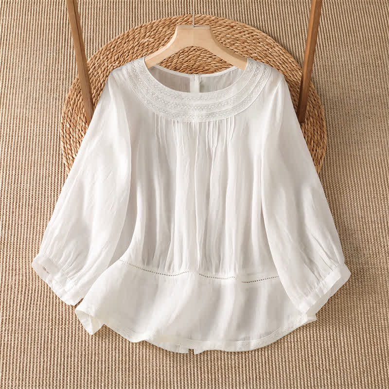 Buddha Stones Spring Summer Casual Elegant Embroidery Solid Women's Long Sleeve T-Shirt - White - US12, UK/AU16, EU44 (2XL) - image 5
