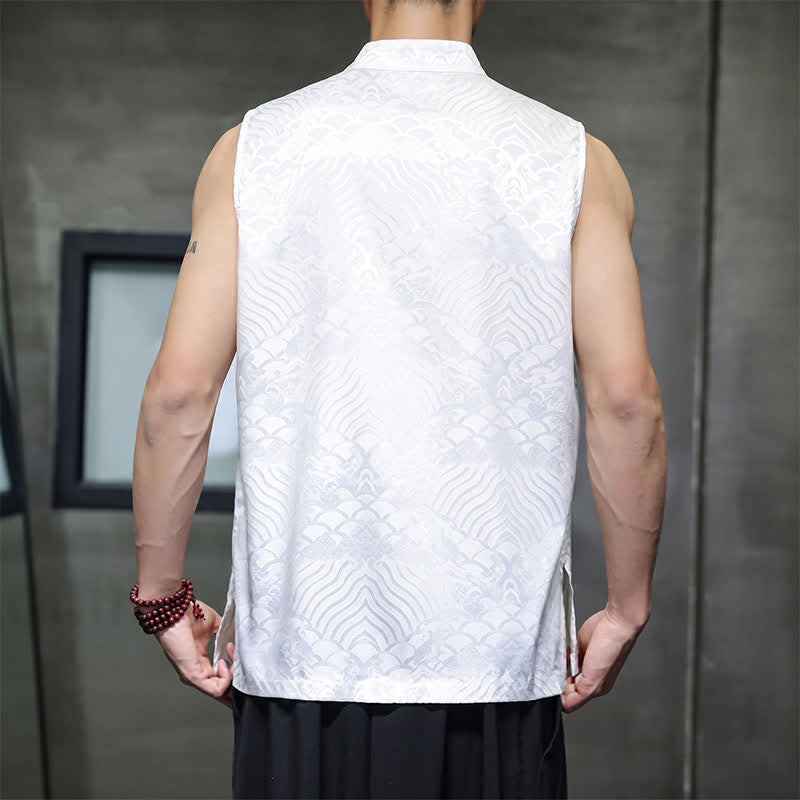 Buddha Stones Summer Tang Style Mandarin Collar Frog Button Abstract Ocean Waves Tank Top Men's Sleeveless Shirts With Pocket - image 20