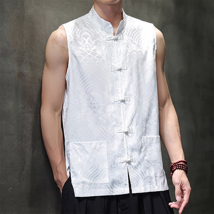 Buddha Stones Summer Tang Style Mandarin Collar Frog Button Abstract Ocean Waves Tank Top Men's Sleeveless Shirts With Pocket - image 21
