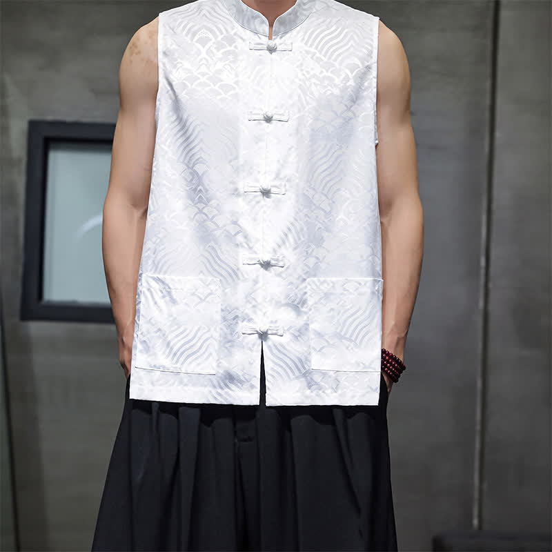 Buddha Stones Summer Tang Style Mandarin Collar Frog Button Abstract Ocean Waves Tank Top Men's Sleeveless Shirts With Pocket - White - US/UK/AU46, EU56 (5XL) - image 16