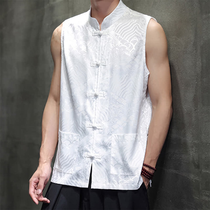 Buddha Stones Summer Tang Style Mandarin Collar Frog Button Abstract Ocean Waves Tank Top Men's Sleeveless Shirts With Pocket - image 22