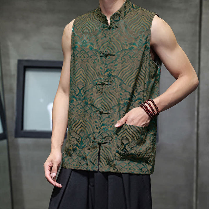 Buddha Stones Summer Tang Style Mandarin Collar Frog Button Abstract Ocean Waves Tank Top Men's Sleeveless Shirts With Pocket - image 3
