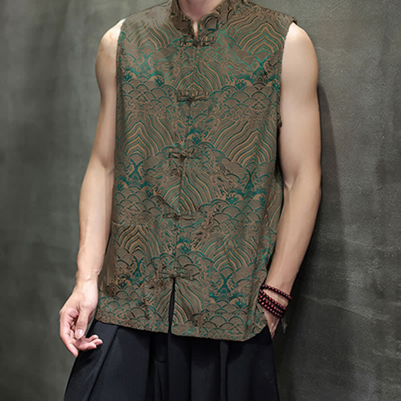 Buddha Stones Summer Tang Style Mandarin Collar Frog Button Abstract Ocean Waves Tank Top Men's Sleeveless Shirts With Pocket - image 6