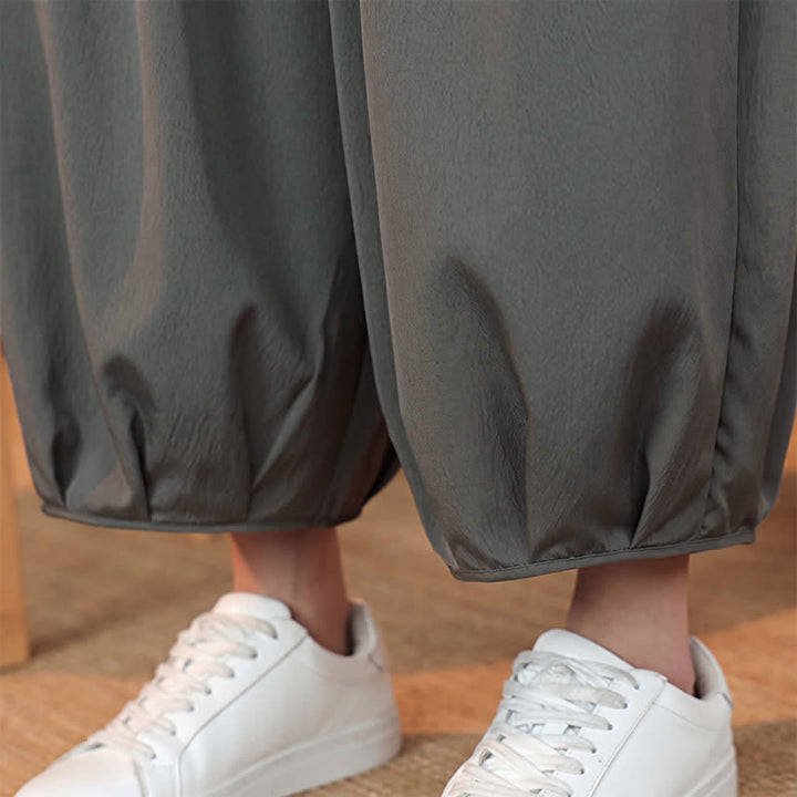 Buddha Stones Spring Summer Casual Minimalist Drawstring Solid Capri Pants Men's Harem Pants With Pocket - image 12