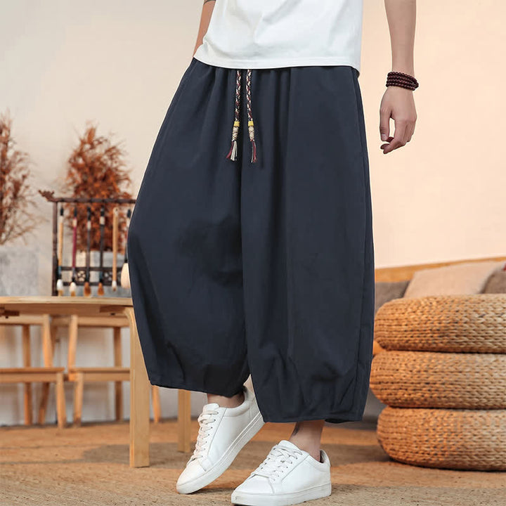 Buddha Stones Spring Summer Casual Minimalist Drawstring Solid Capri Pants Men's Harem Pants With Pocket - image 35