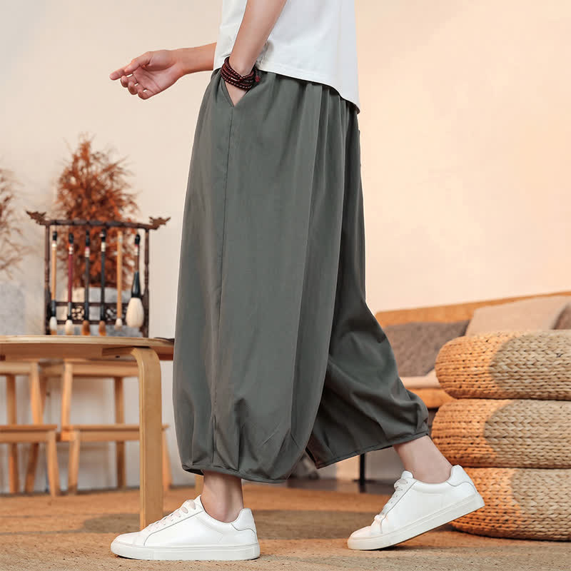 Buddha Stones Spring Summer Casual Minimalist Drawstring Solid Capri Pants Men's Harem Pants With Pocket - image 5