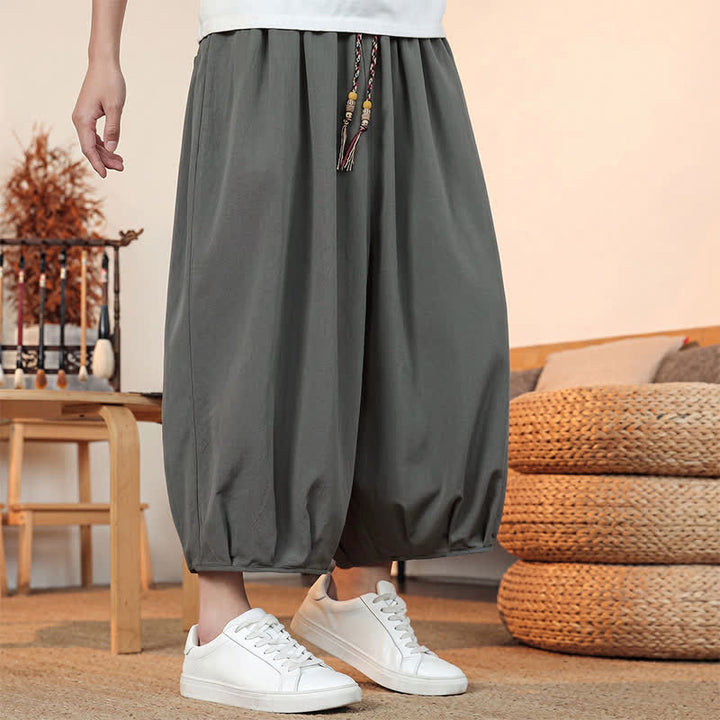 Buddha Stones Spring Summer Casual Minimalist Drawstring Solid Capri Pants Men's Harem Pants With Pocket - image 6